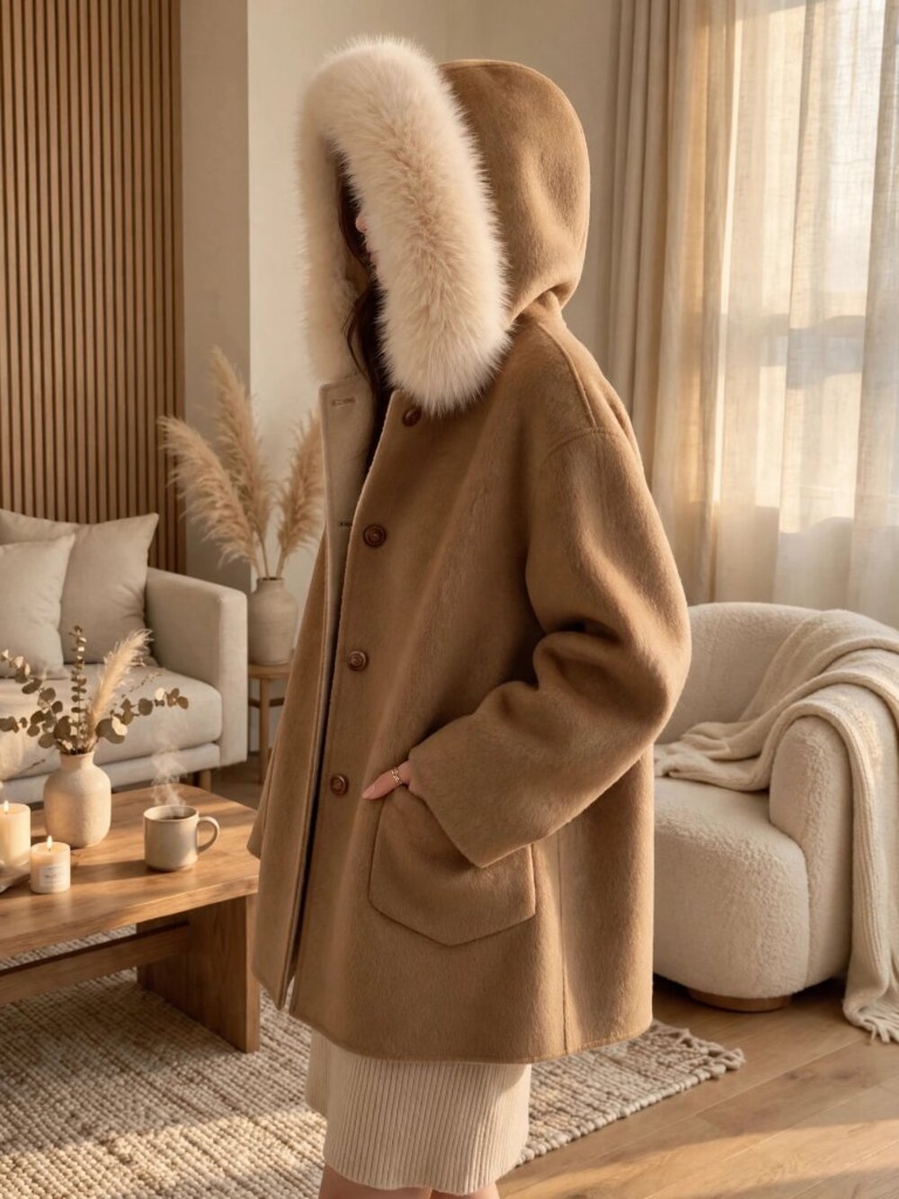 Camel Double Face Wool Coat Cream Fur Hood Oversized Winter